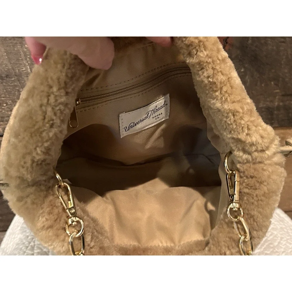 Universal Thread Goods Co. Tan Faux Fur Handbag Purse with Gold Tone Chain Strap